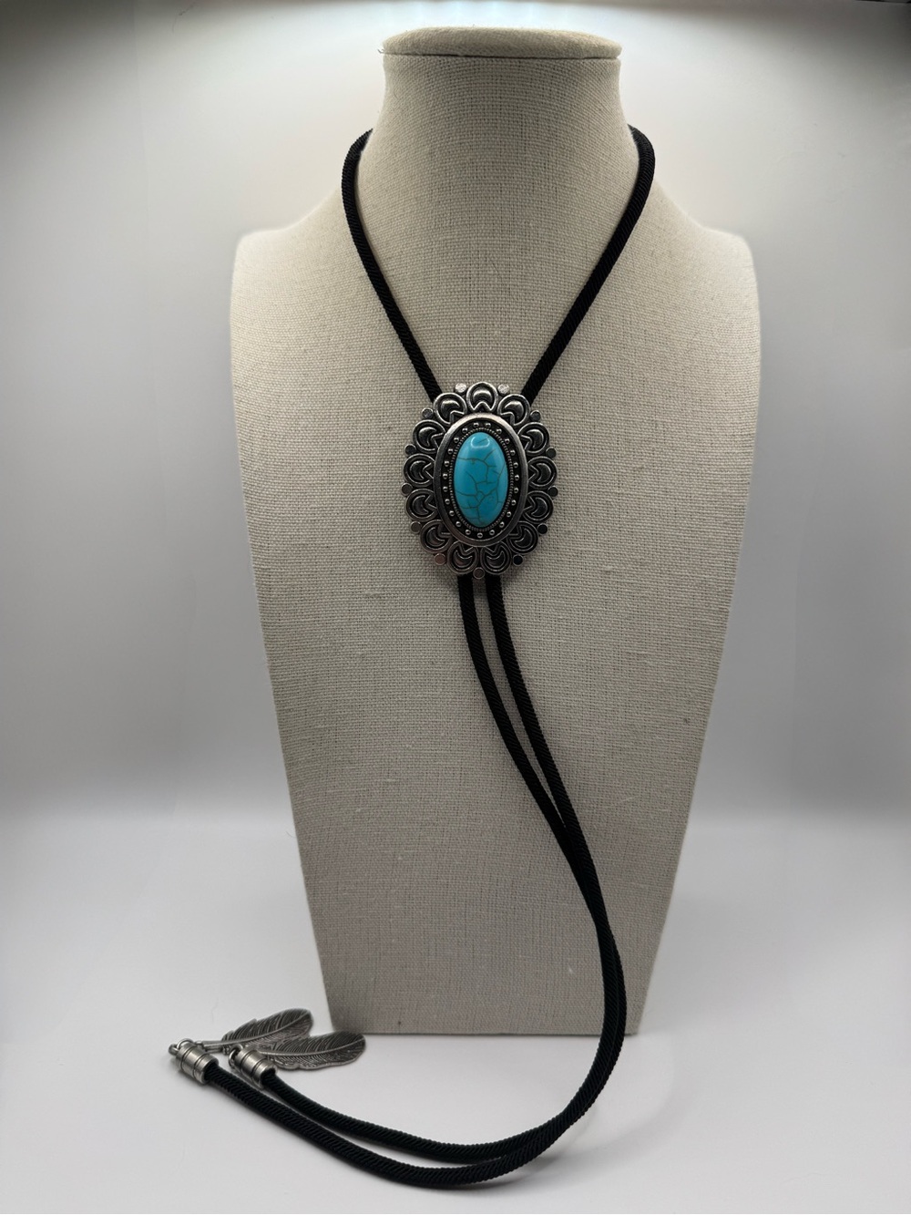 Turquoise Oval Concho Bolo Necklace with Black Cord